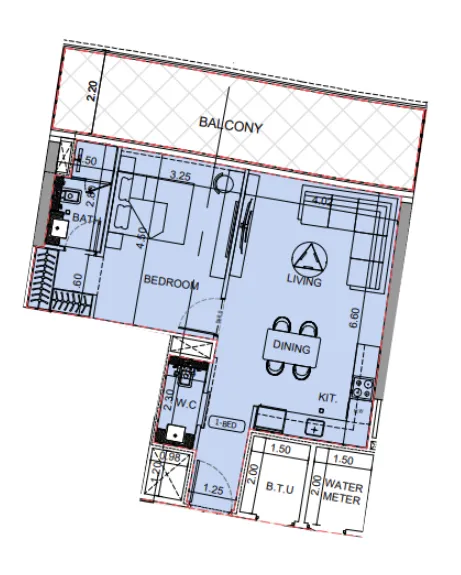Binghatti Aquarise 1 bed floor plan, 876 sqft