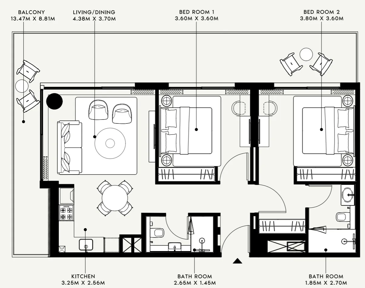 Azizi Venice 2 bed floor plan, 1,230 sqft