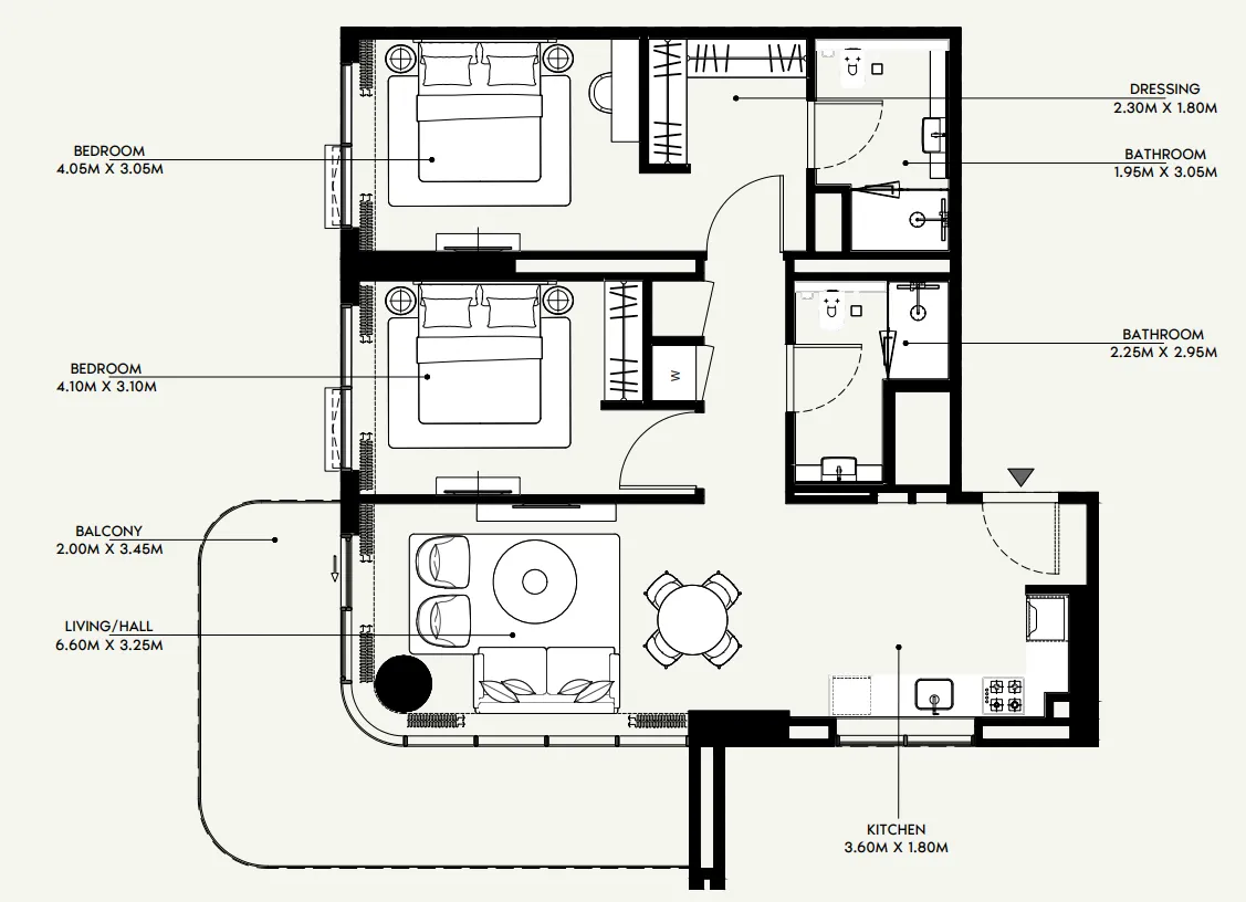 Azizi Venice 2 bed floor plan, 1,217 sqft