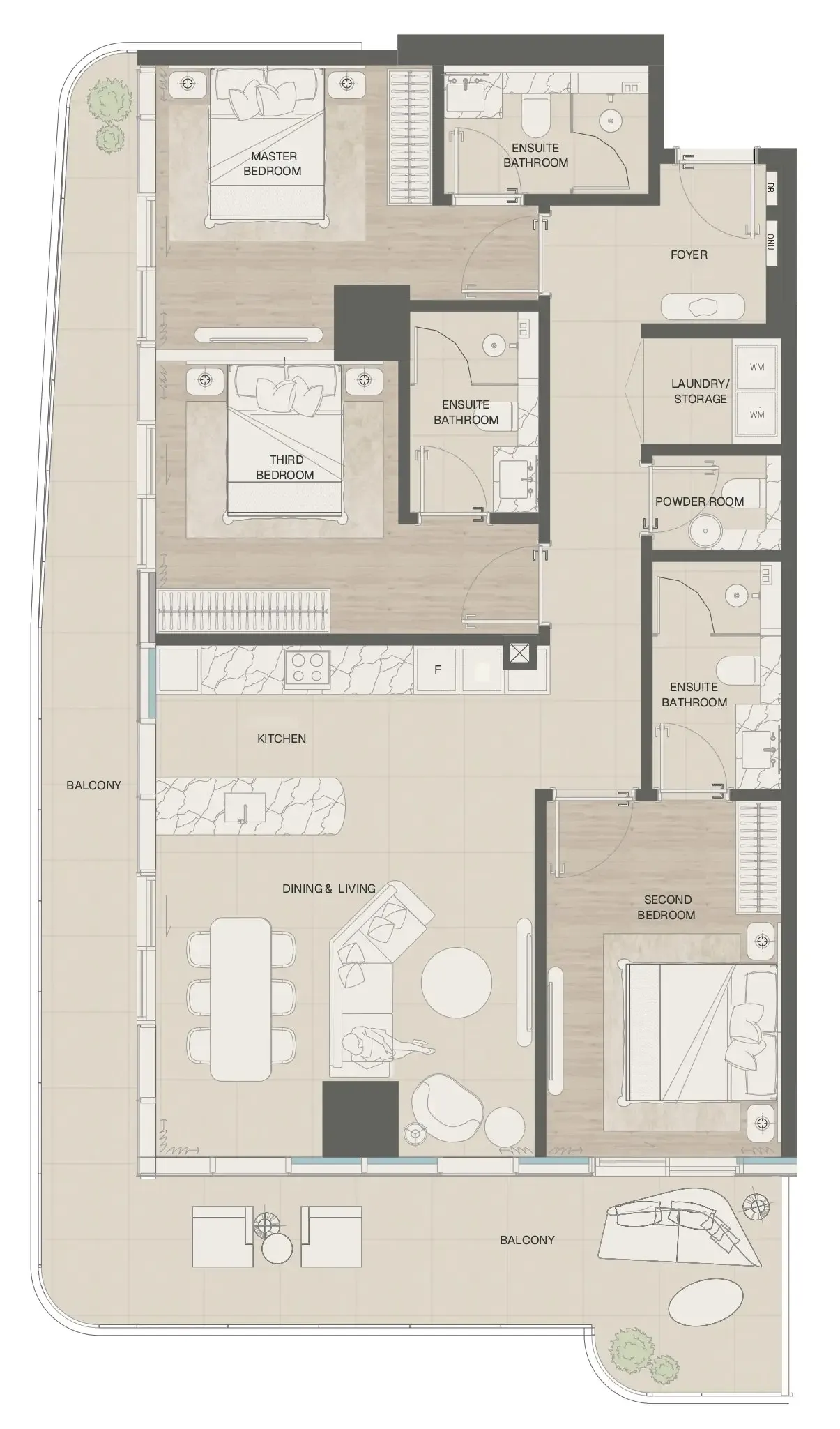 Mondrian Phases 1 and 2 3 bed floor plan, 1,733 – 1,805 sqft