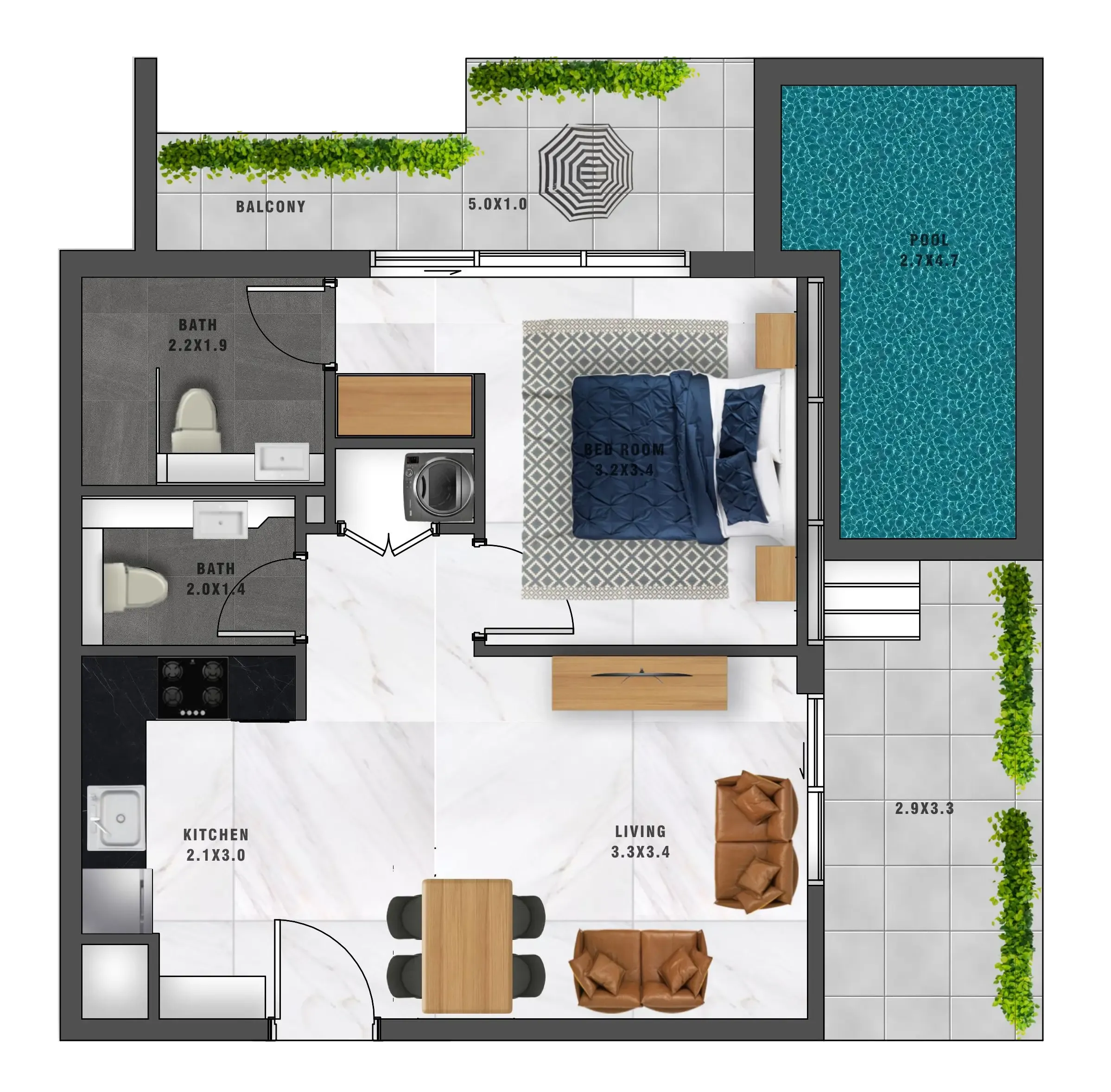 Samana Waves 1 bed floor plan, 831 sqft