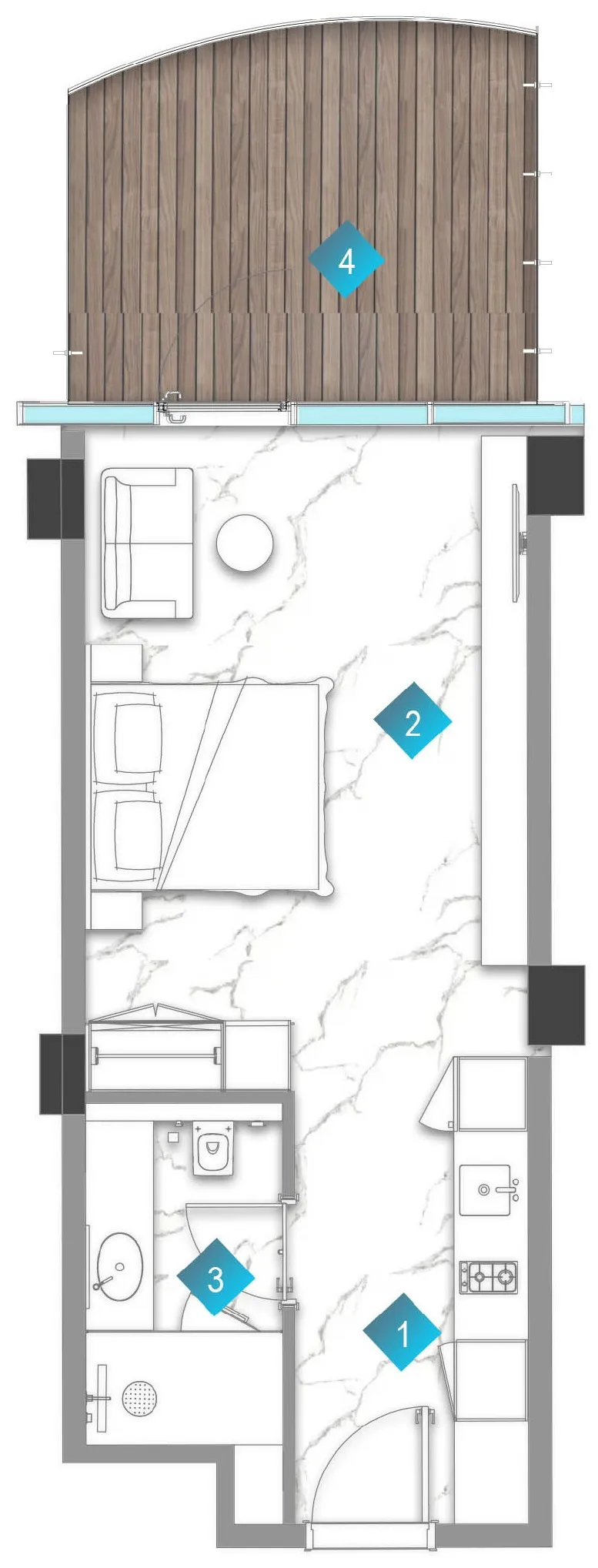Aqua Arc Studio floor plan, 570 sqft