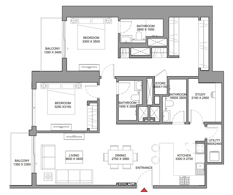 360 Riverside Crescent 2 bed floor plan, 1,433 sqft