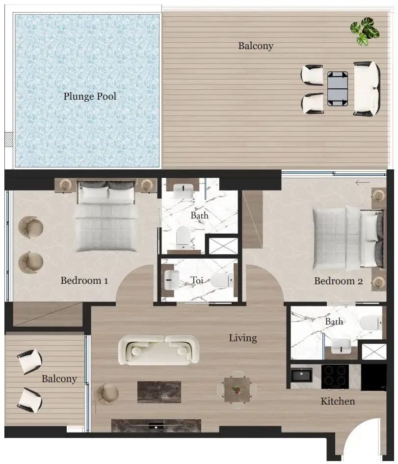 Rijas Suites 2 bed floor plan, 1,071 sqft