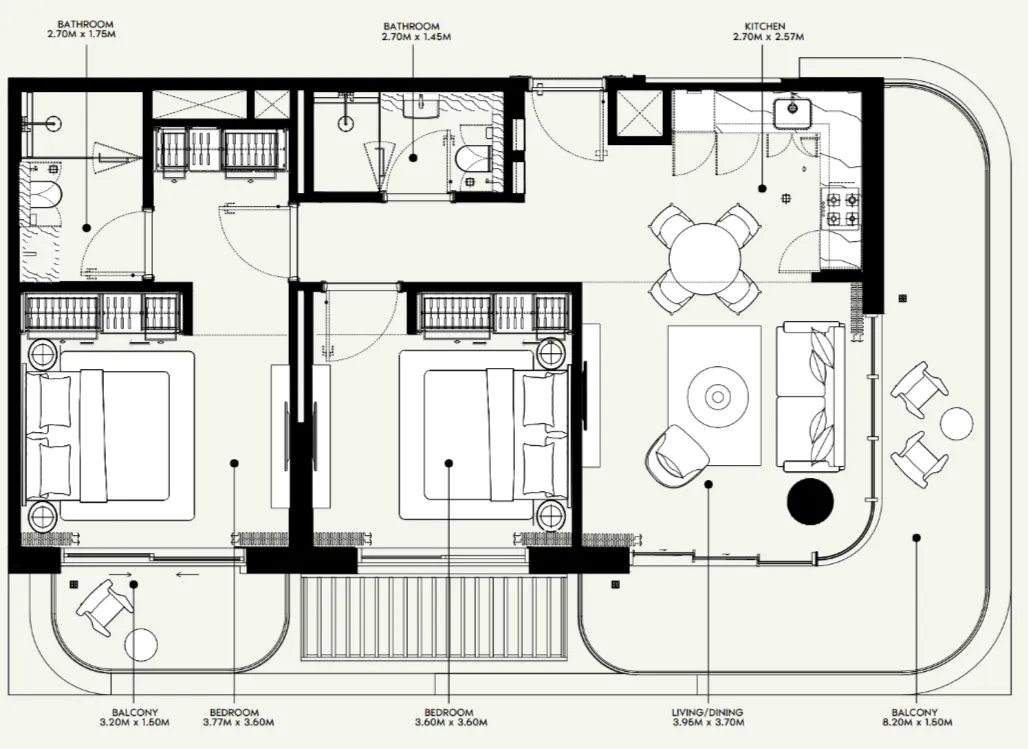 Azizi Venice 2 bed floor plan, 1,108 sqft