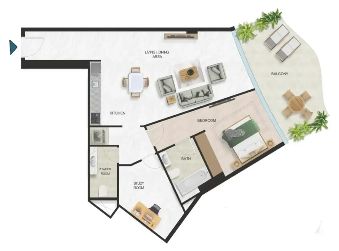 Oystra 1 bed floor plan, 1,223 sqft