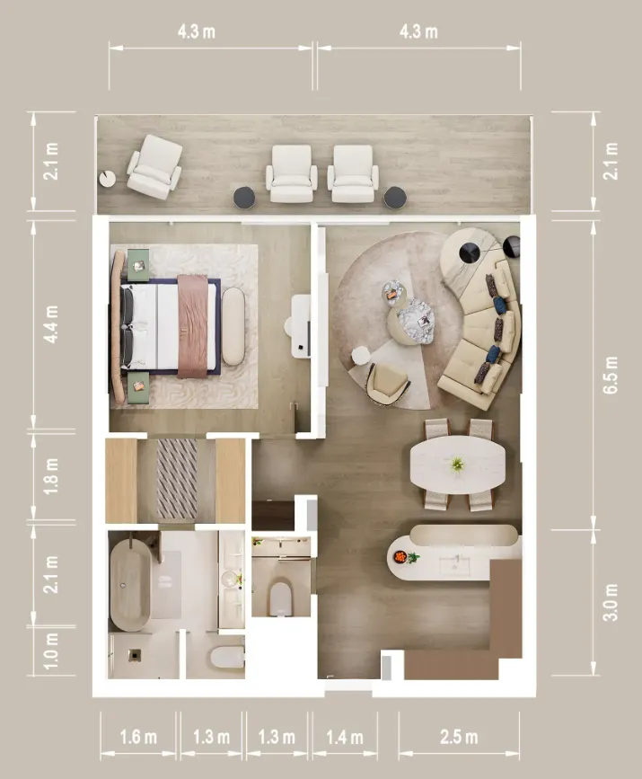 Mandarin Oriental Residences 1 bed floor plan, 1,089 sqft