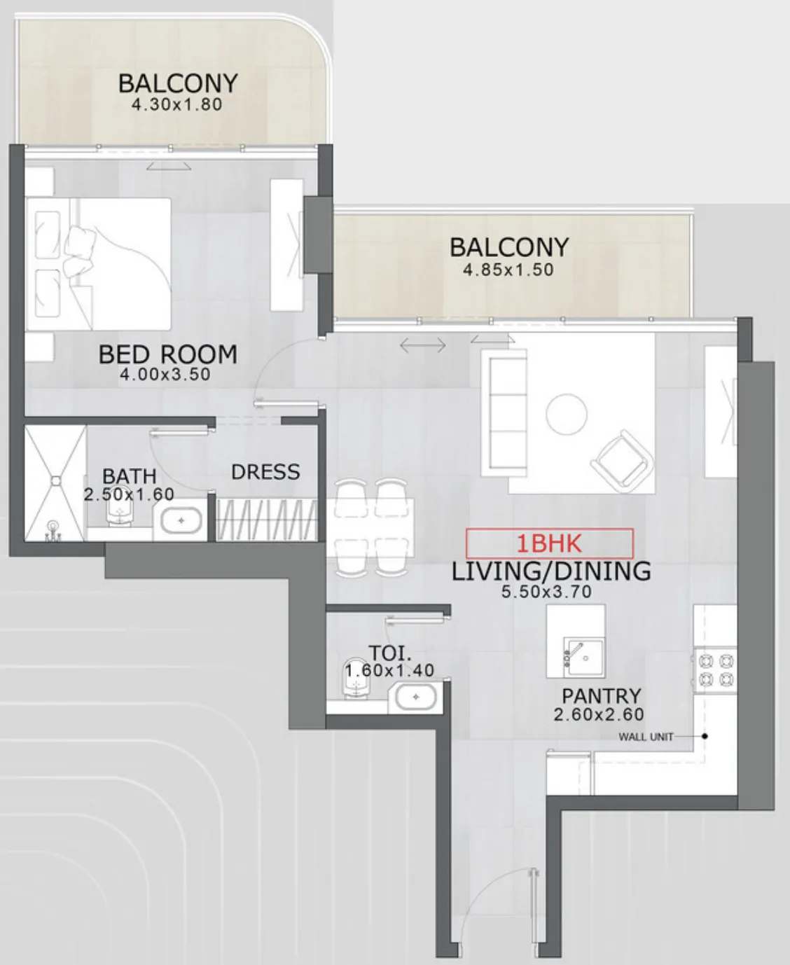 Floarea Skies 1 bed floor plan, 960 sqft