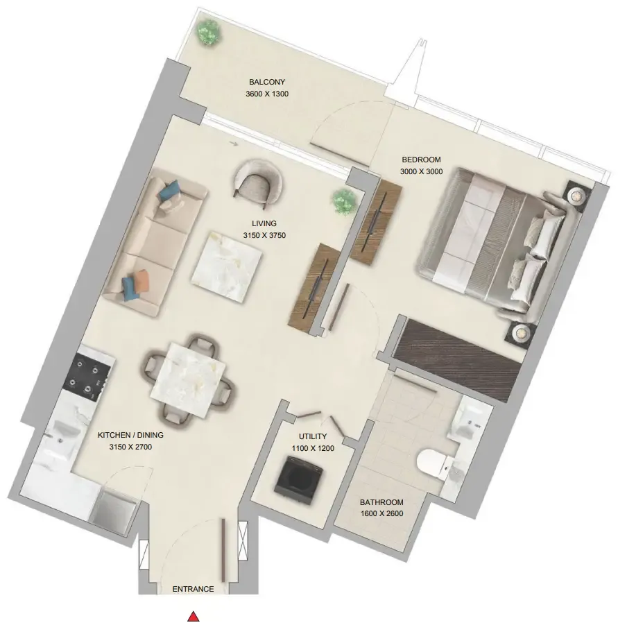 The Pinnacle at Sobha Central 1 bed floor plan, 565 sqft