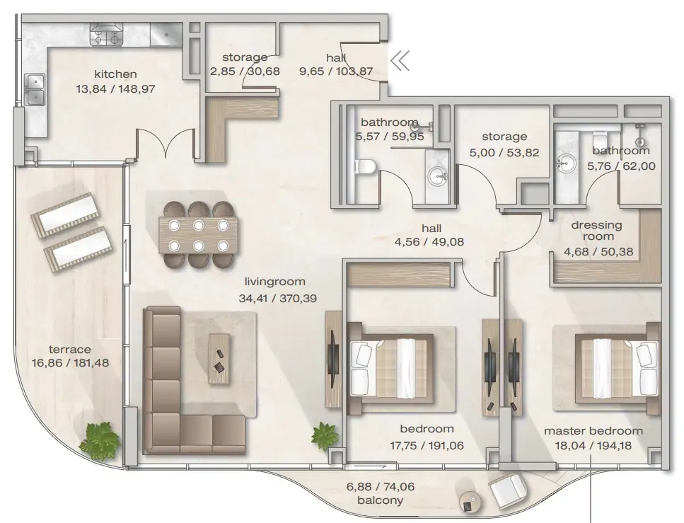 Zephyra Residences 2 bed floor plan, 1,706 sqft