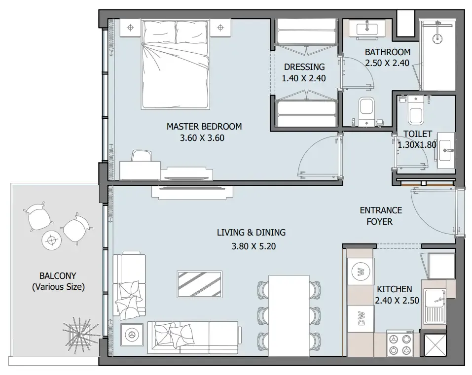 Oceana 1 bed floor plan, 726 – 748 sqft