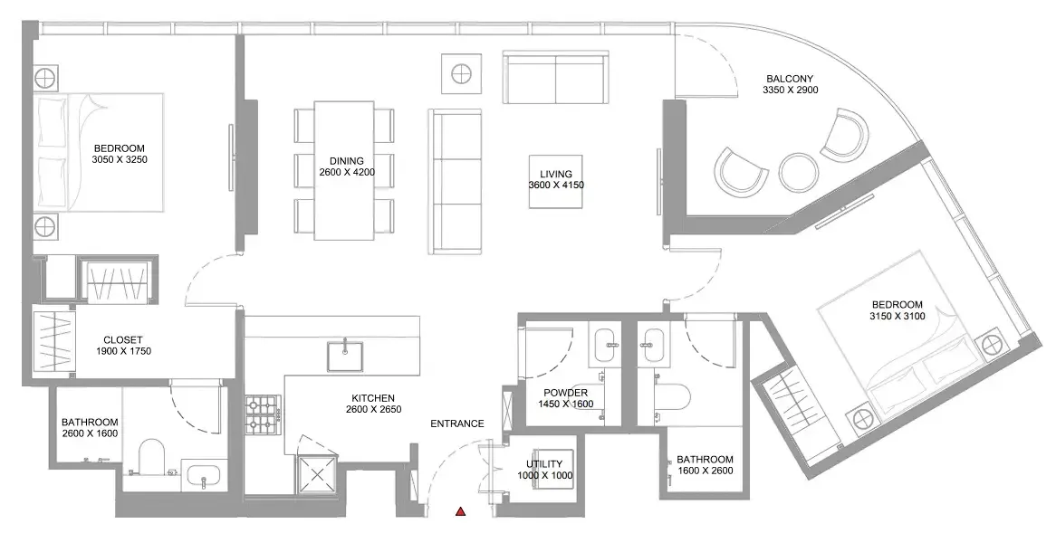 Bayfront Marina Residences 2 bed floor plan, 1,021 – 1,023 sqft
