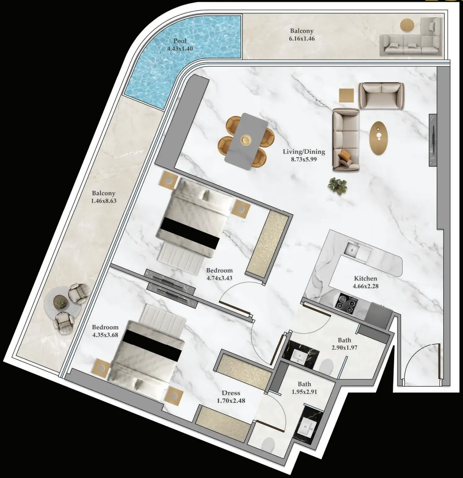 Bayz 102 2 bed floor plan, 1,442 sqft