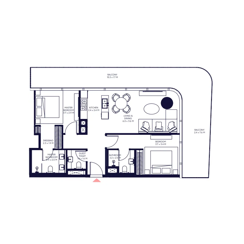 Inaura Hotels & Residences Downtown 2 bed floor plan, 1,280 – 1,480 sqft