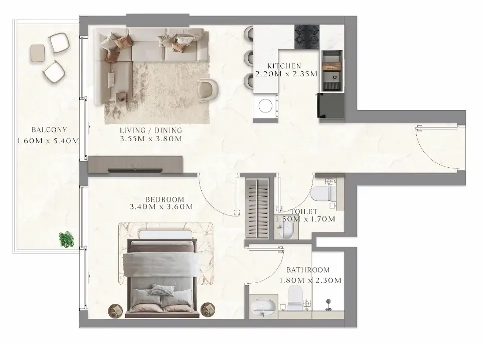 Aum 99 Residences 1 bed floor plan, 634 sqft