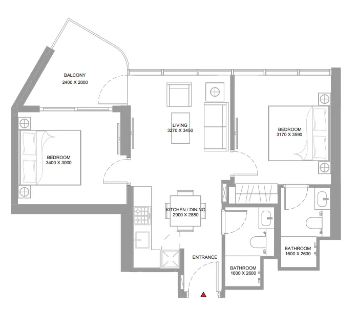 Pierside Marina Residences 2 bed floor plan, 705 – 718 sqft
