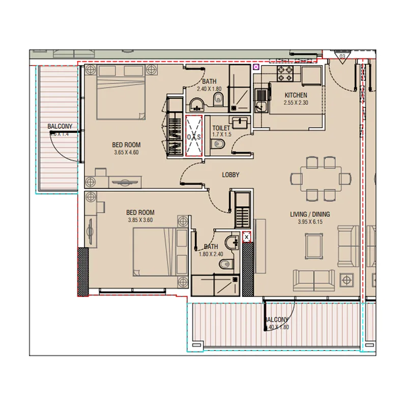 Al Waleed W.S 1 2 bed floor plan, 1,159 – 1,162 sqft