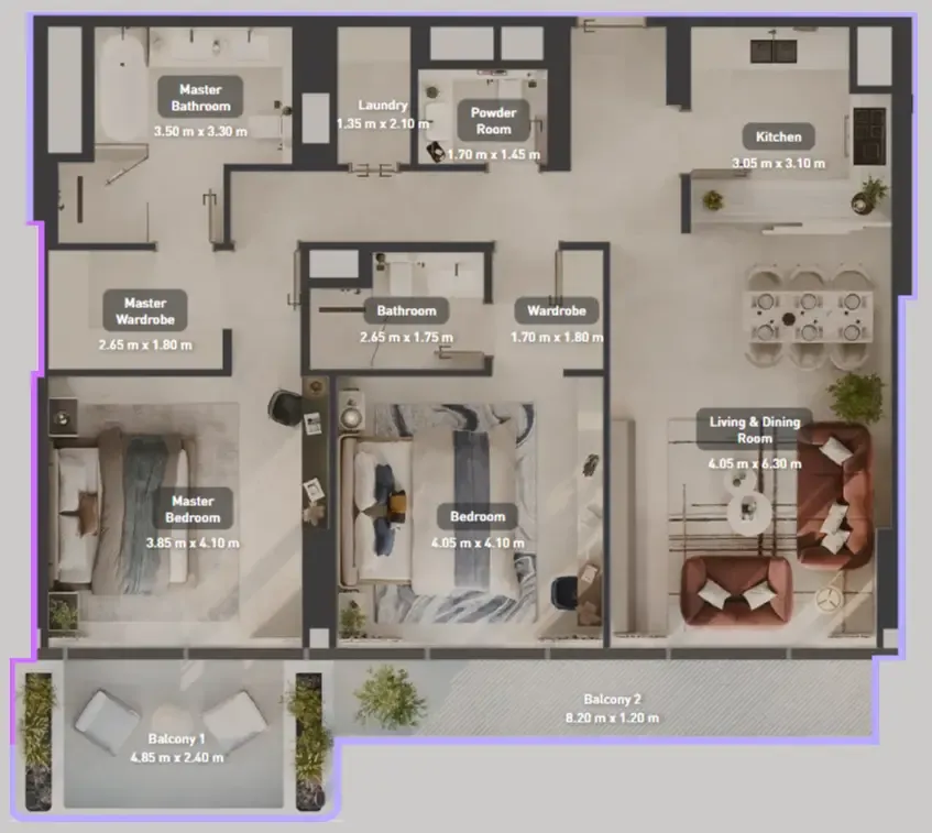 Luluat Marina at Luluat Al Raha 2 bed floor plan, 1,466 sqft