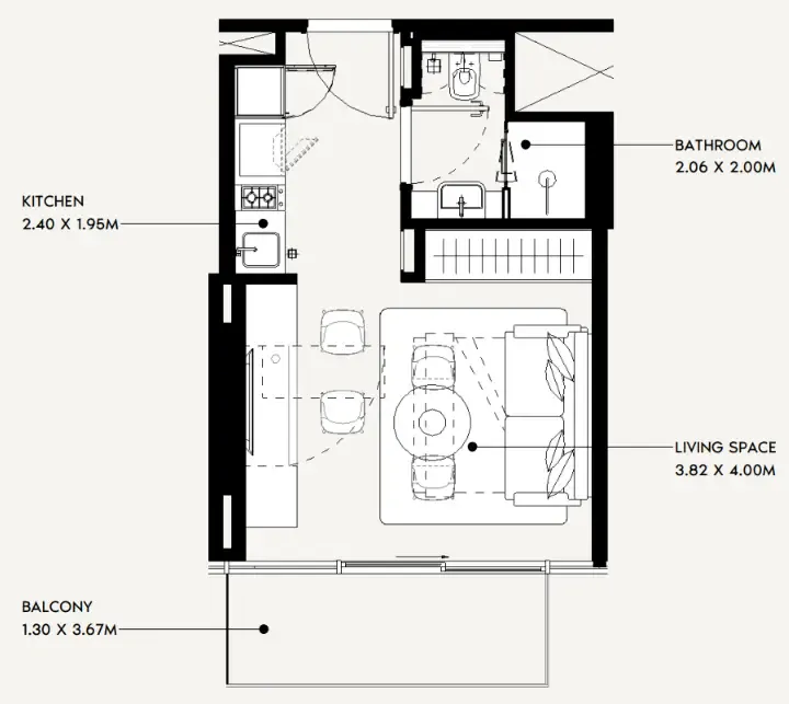 Jaddaf Beach Oasis Studio floor plan, 329 sqft