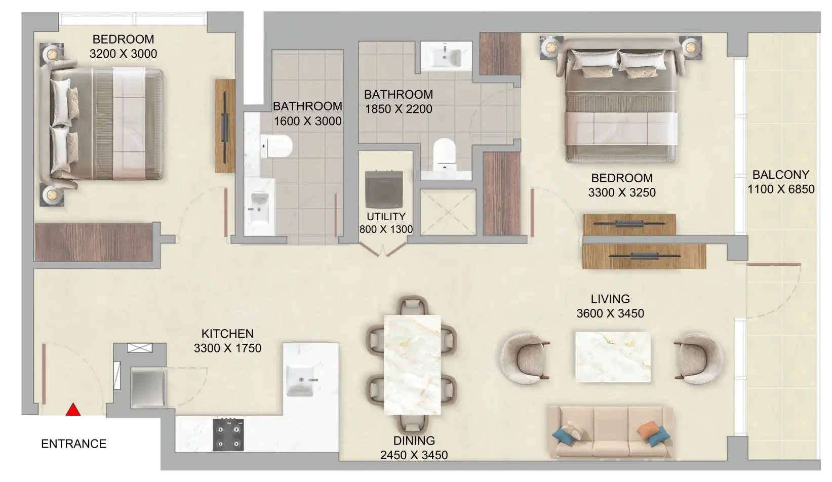 The Woods Abode at Sobha Sanctuary 2 bed floor plan, 964 sqft