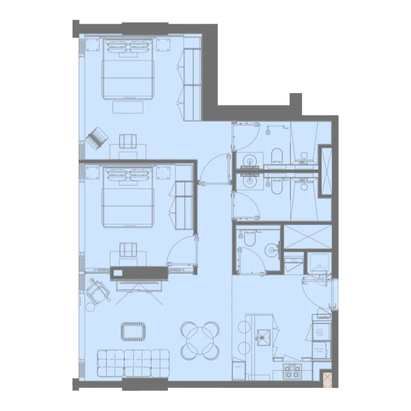 Raw District 2 bed floor plan, 1,054 sqft