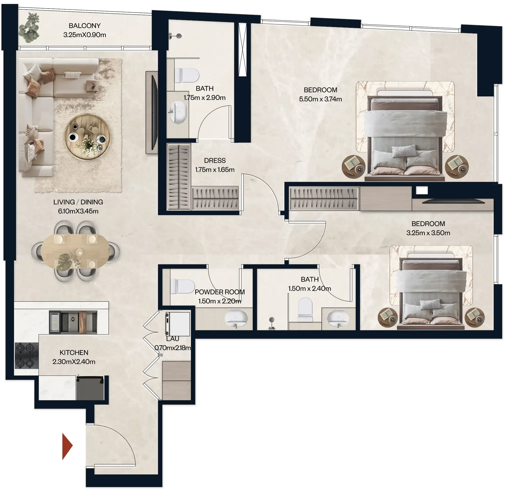 Norah Residence 2 bed floor plan, 1,076 sqft
