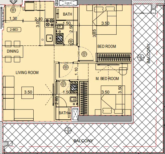 Binghatti Starlight 2 bed floor plan, 1,190 sqft