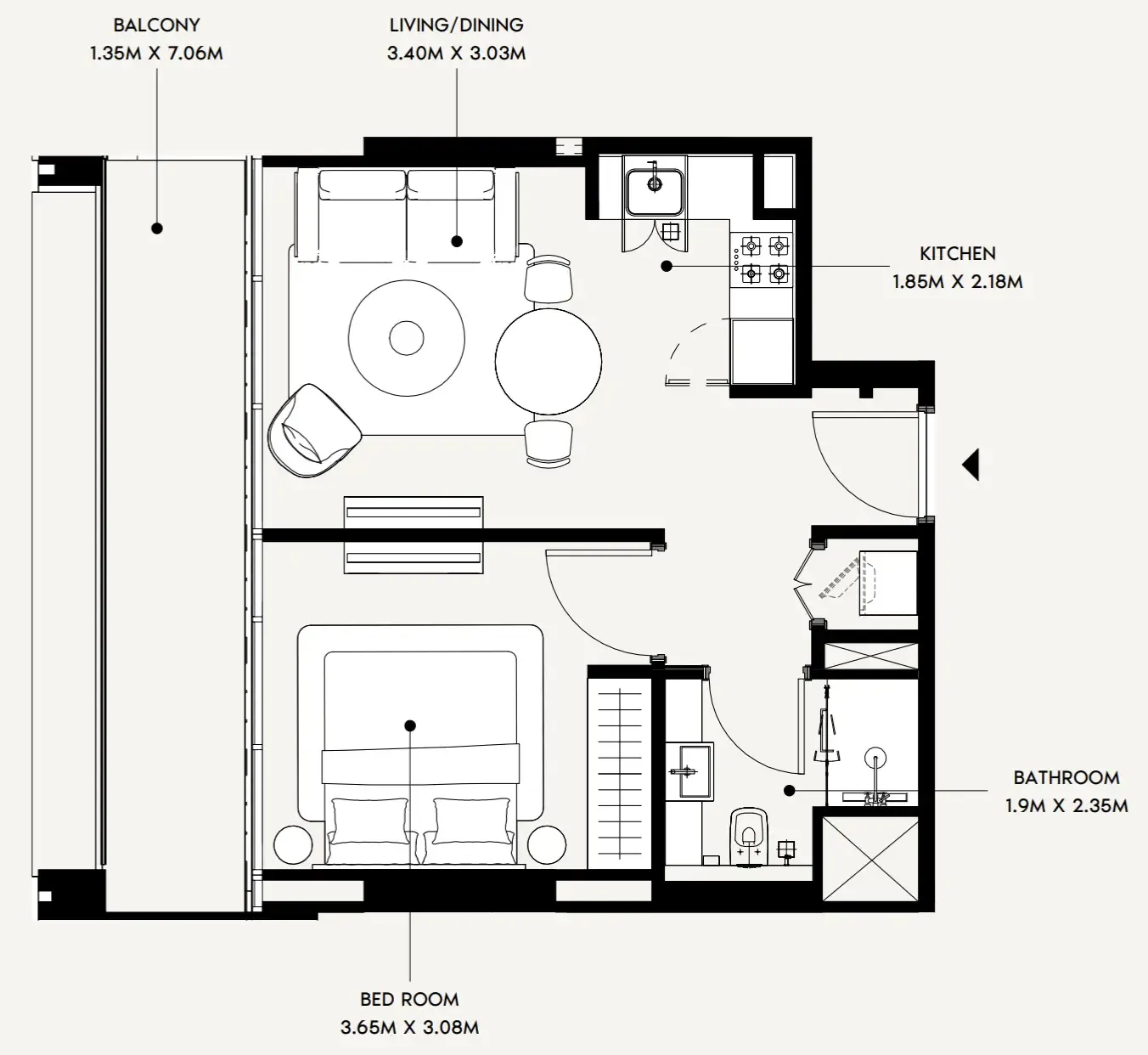Creek Views 4 1 bed floor plan, 543 sqft