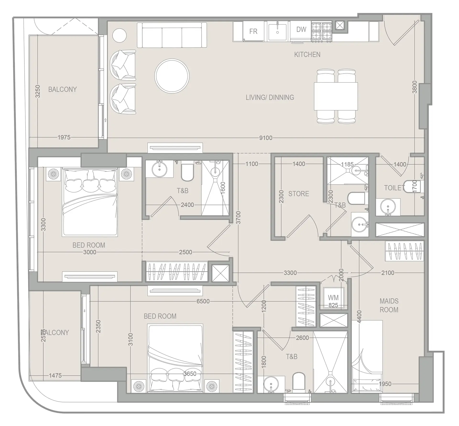 FLU1D ONE 2 bed floor plan, 1,293 sqft