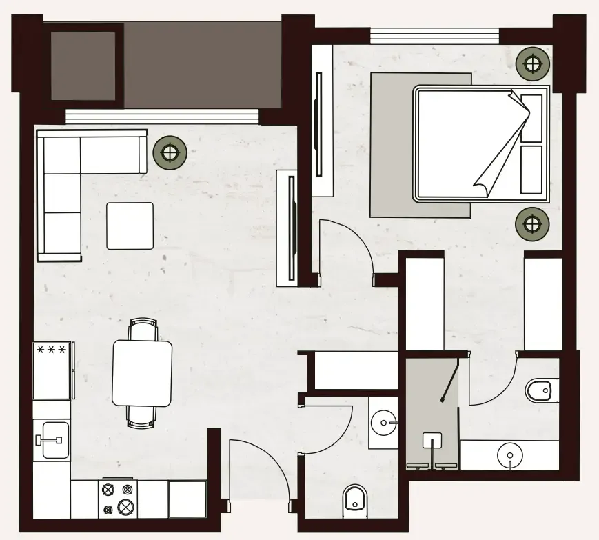 Aria Heights 1 bed floor plan, 629 – 695 sqft