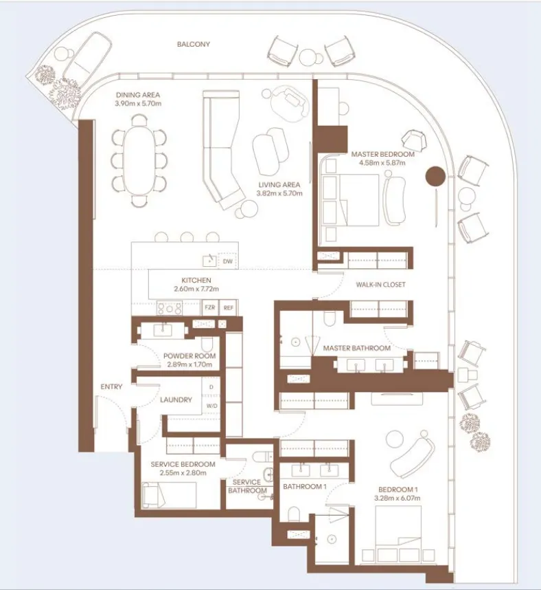 Dubai Harbour Residence 2 bed floor plan, 2,875 sqft