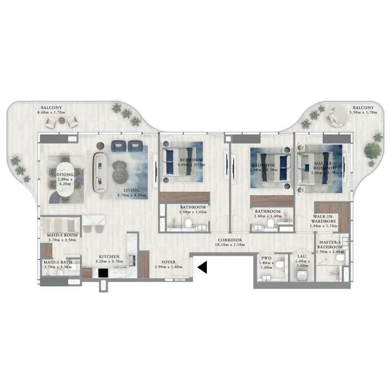 Royal Yacht Club Residence 3 bed floor plan, 1,933 sqft