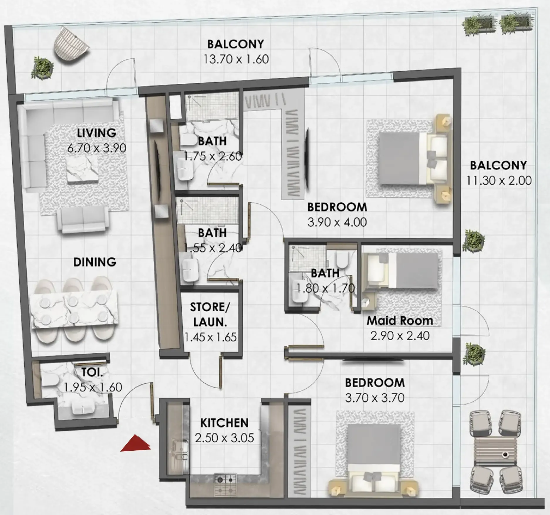 Waref Residences 2 bed floor plan, 1,751 sqft