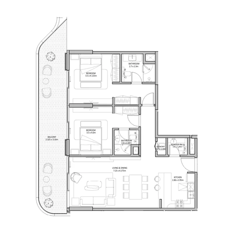 The Blue Beach Residence 2 bed floor plan, 1,553 sqft