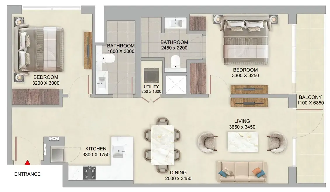 The Woods at Sobha Sanctuary 2 bed floor plan, 964 sqft