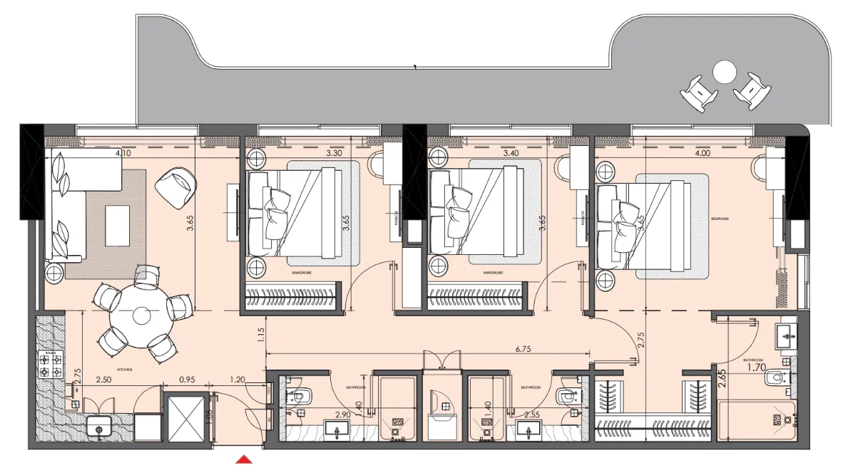 Azizi Wasel 3 bed floor plan, 1,282 sqft