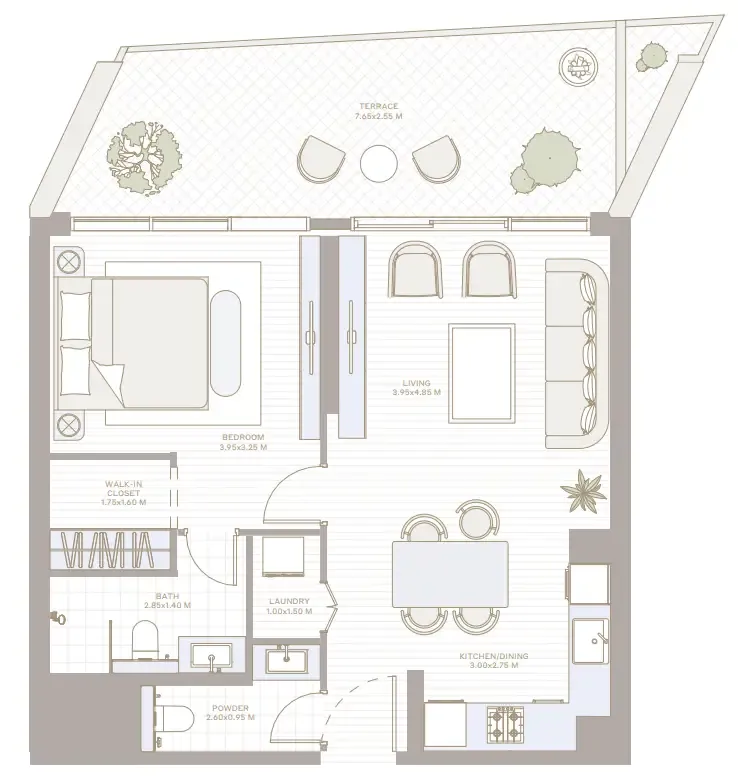 Alder in Park Five 1 bed floor plan, 947 sqft