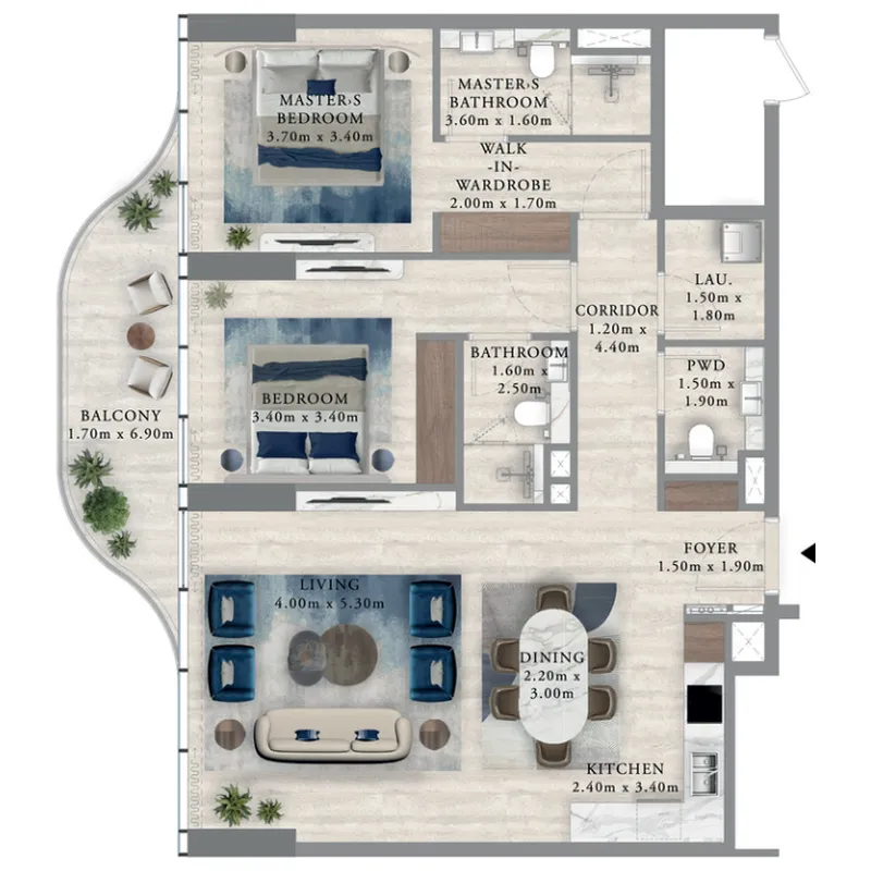 Royal Yacht Club Residence 2 bed floor plan, 1,185 sqft
