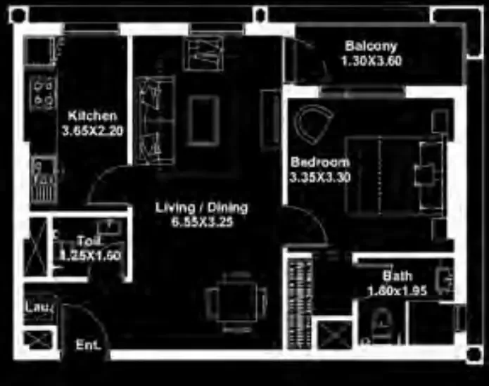 Dania 1 bed floor plan, 665 sqft