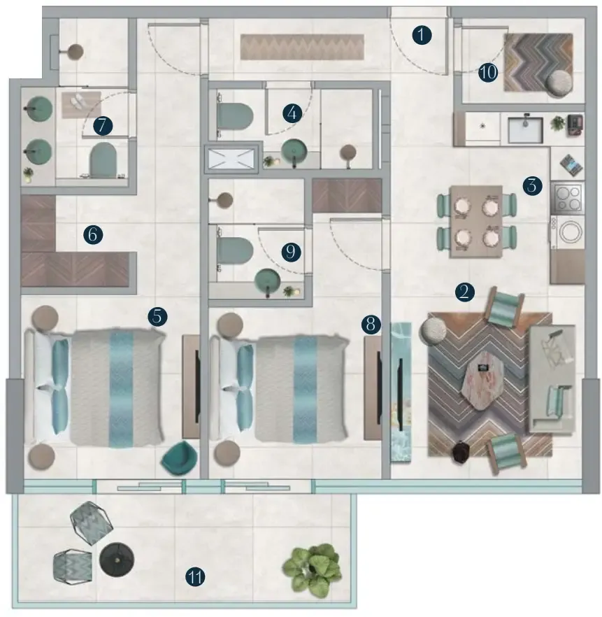 Octa Isle Interiors by Missoni 2 bed floor plan, 1,025 – 1,026 sqft