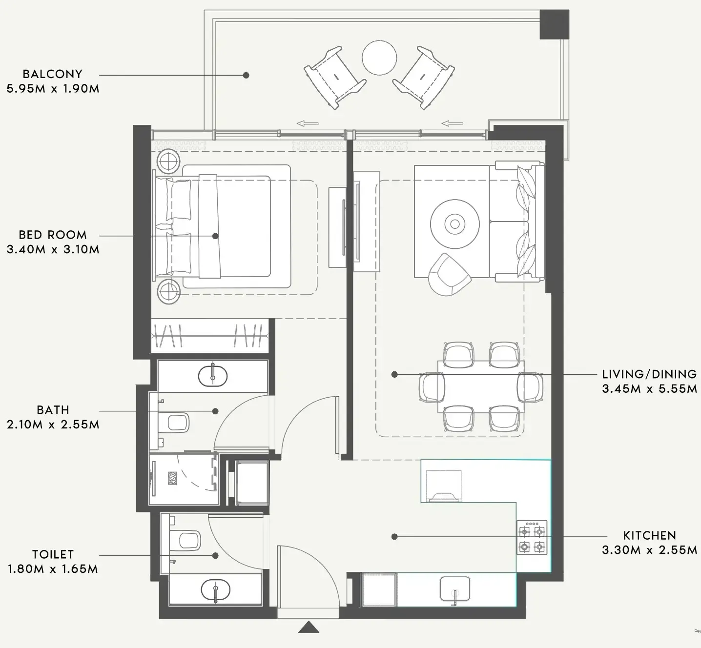Riviera 58 1 bed floor plan, 760 sqft