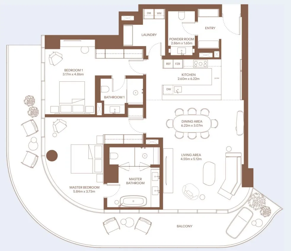 Dubai Harbour Residence 2 bed floor plan, 2,250 sqft