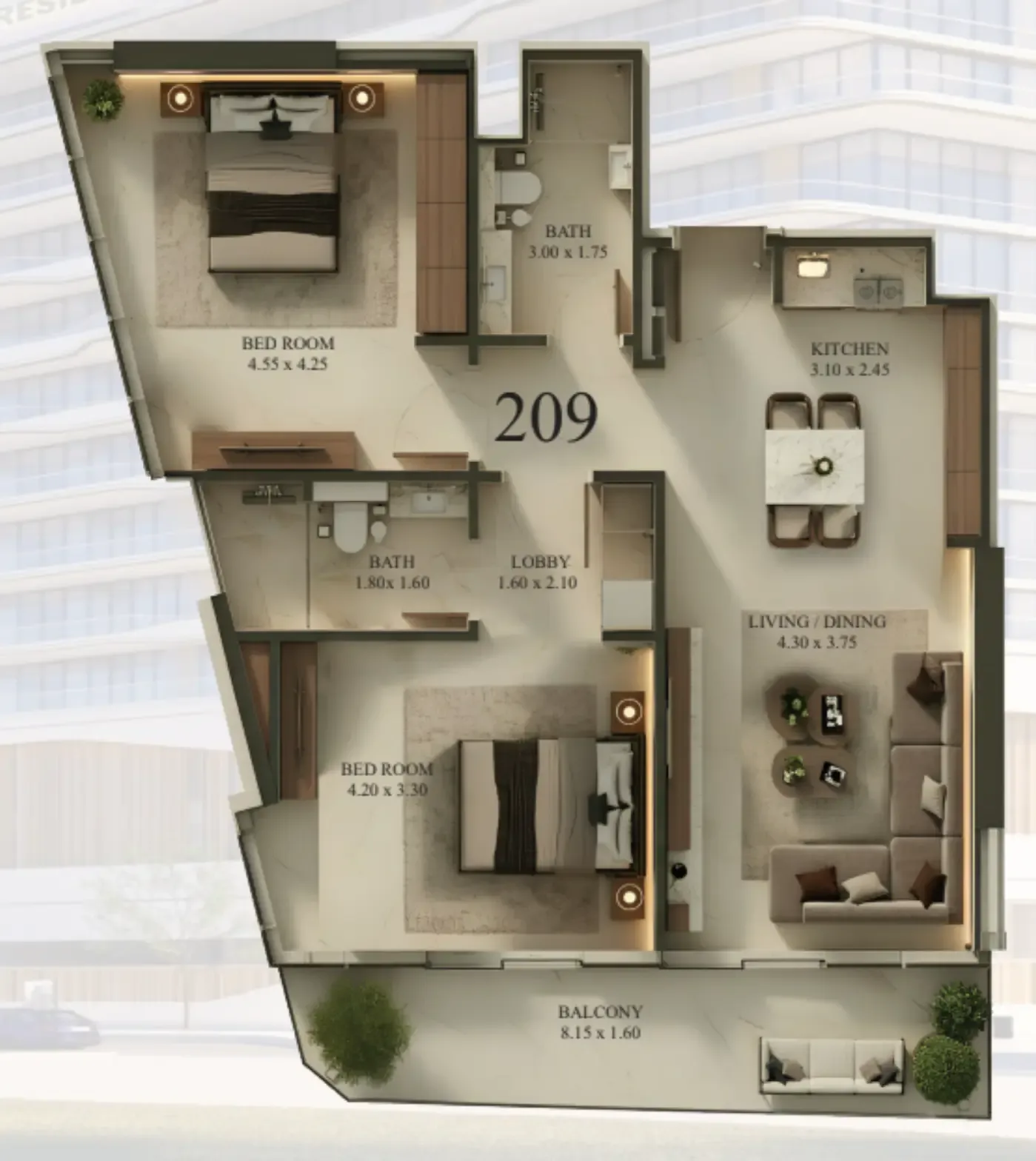 09 Life Residences 2 bed floor plan, 1,039 sqft