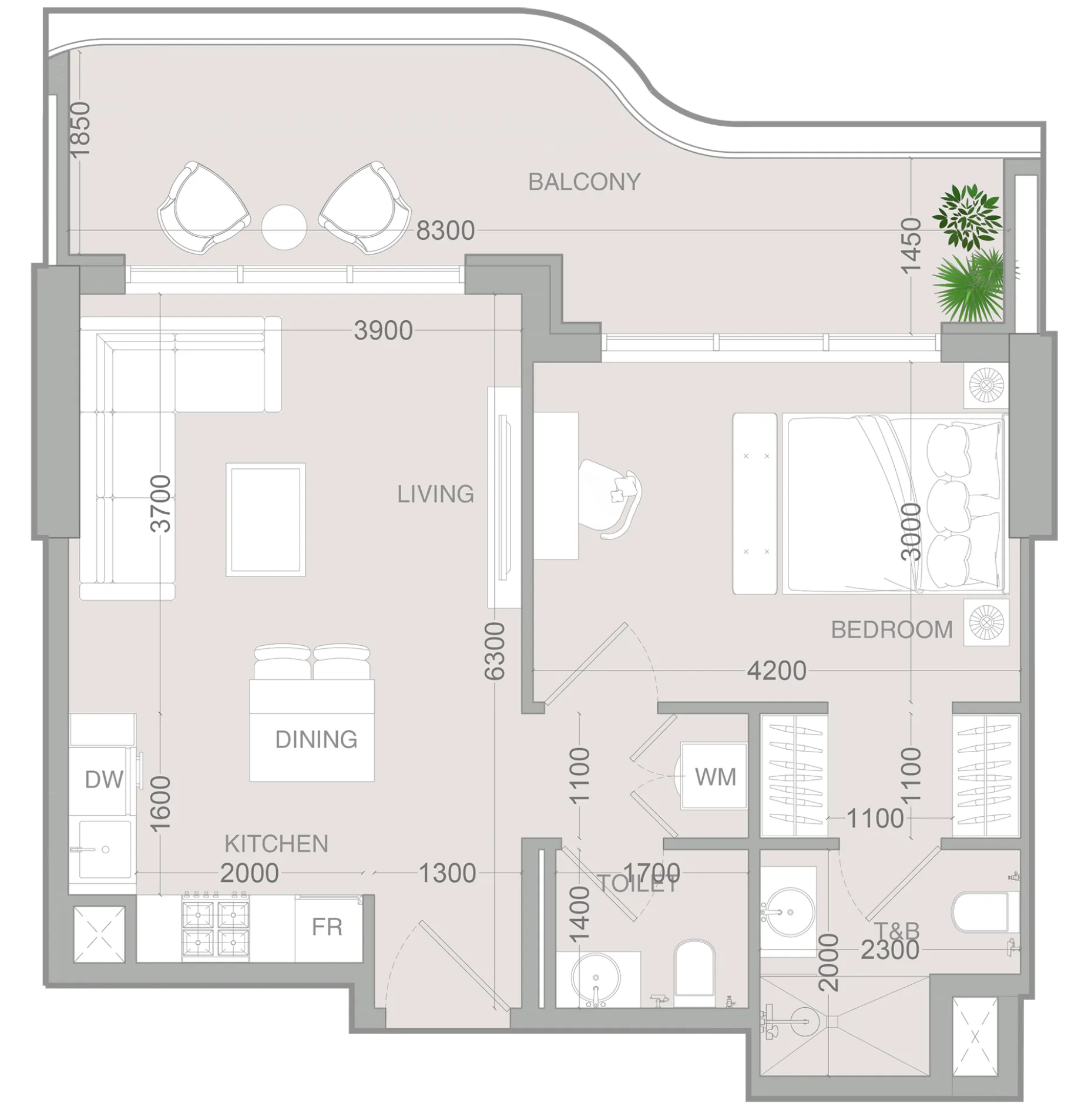 ALTA V1EW 1 bed floor plan, 743 sqft