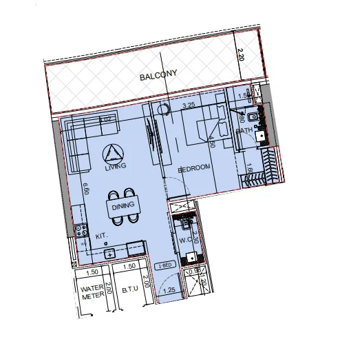 Binghatti Aquarise 1 bed floor plan, 876 sqft