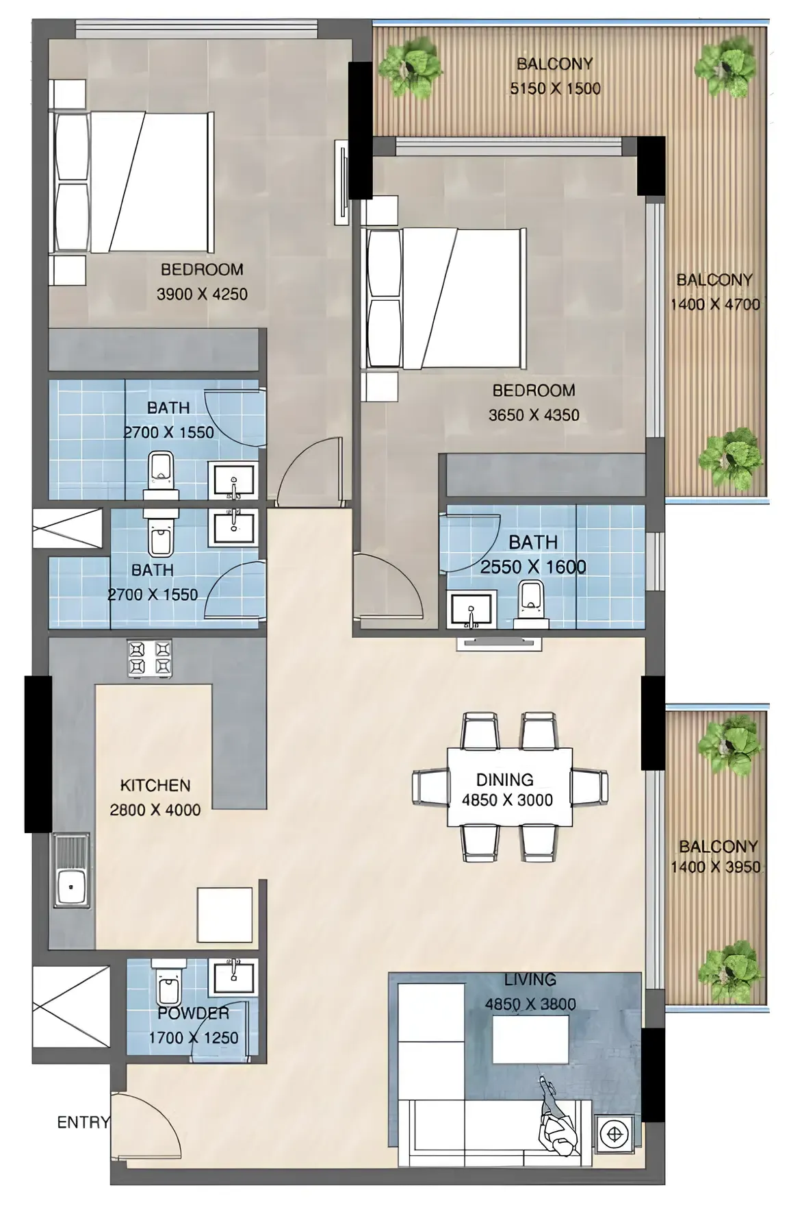 Sunbliss Residences 2 bed floor plan, 1,377 sqft