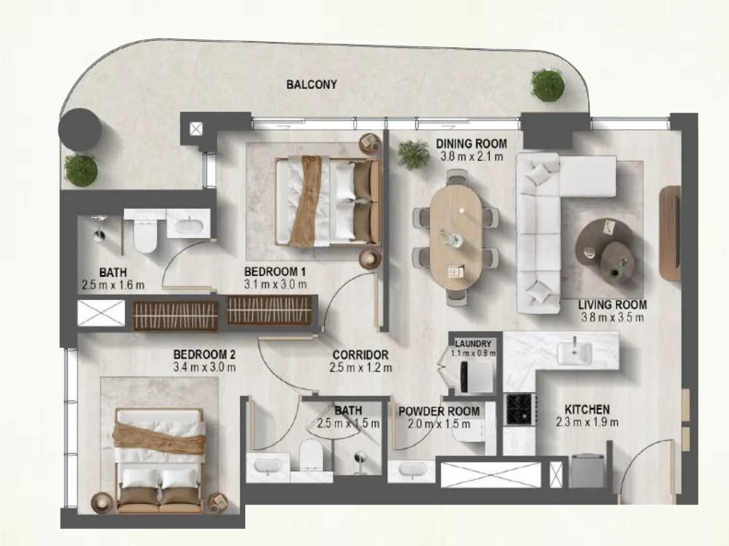 Sanctuary 2 bed floor plan, 1,010 – 1,464 sqft
