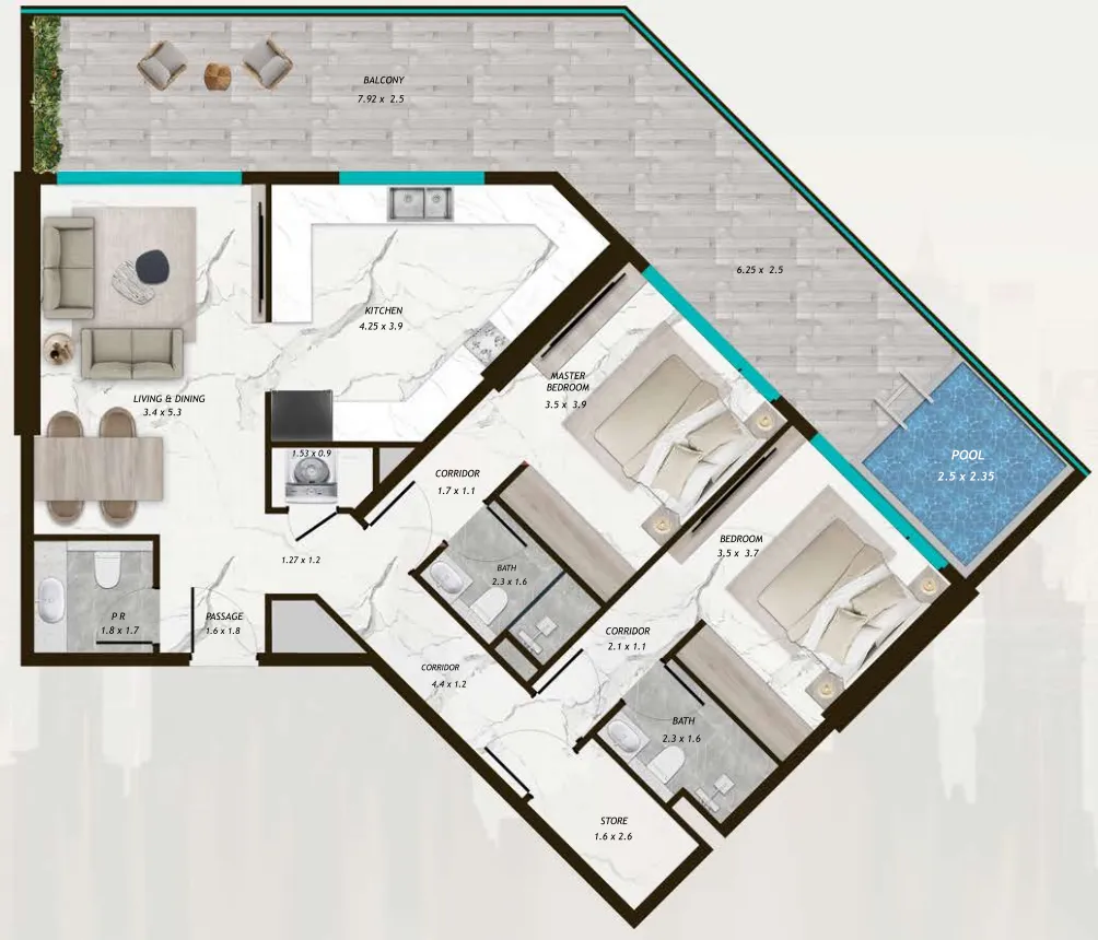 Samana Parkville 2 bed floor plan, 1,539 sqft