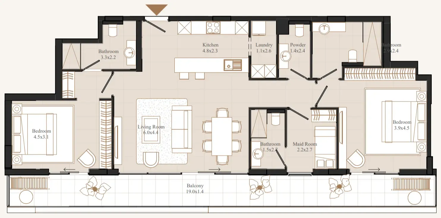 Flamingo LUX 2 bed floor plan, 1,539 sqft