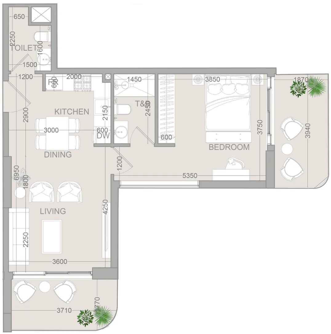 TETR1S Tower 1 bed floor plan, 729 sqft